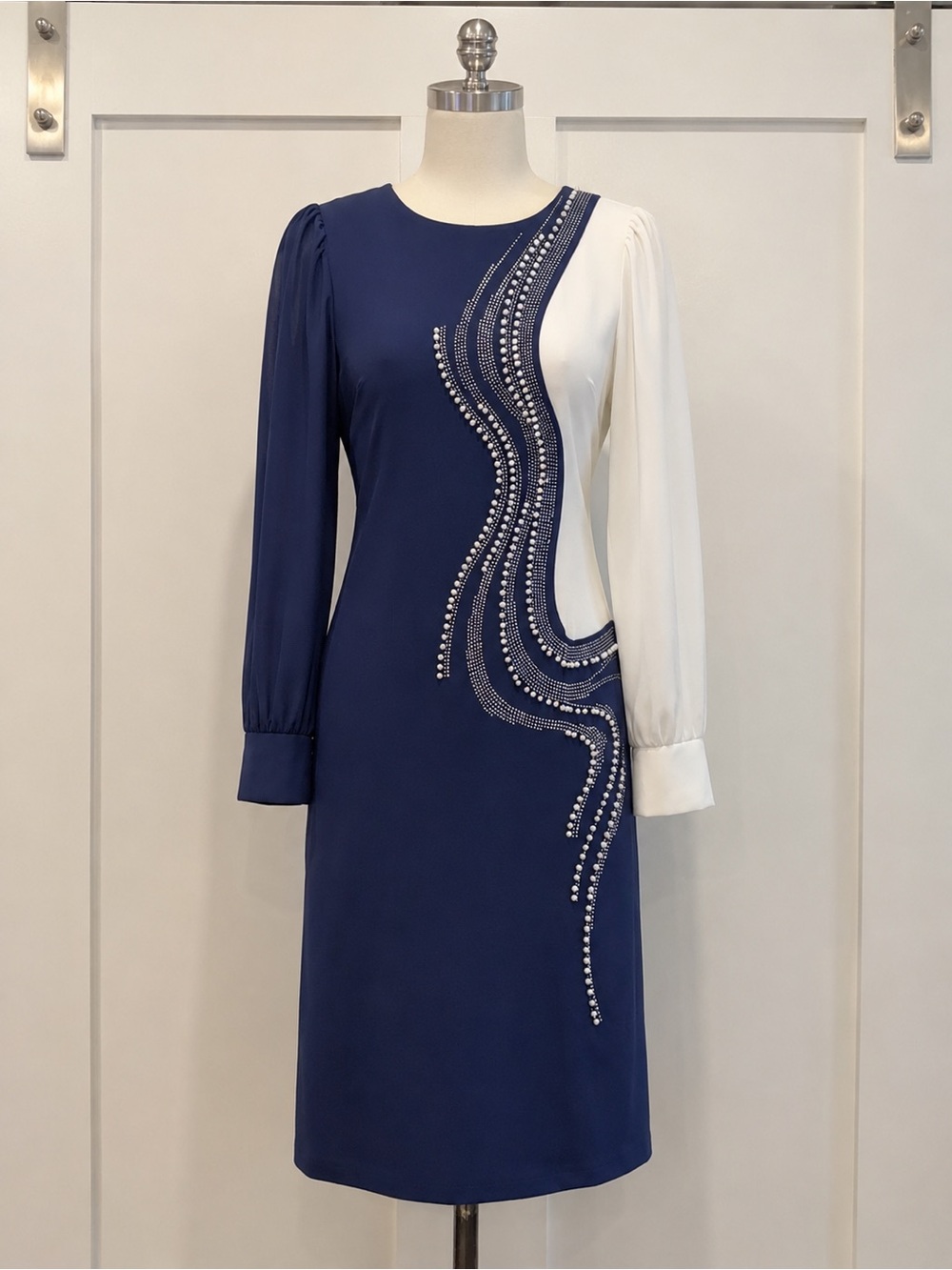 Terramina New York Womens Size 8 Blue White Pearl Rhinestone Midi Dress NWT